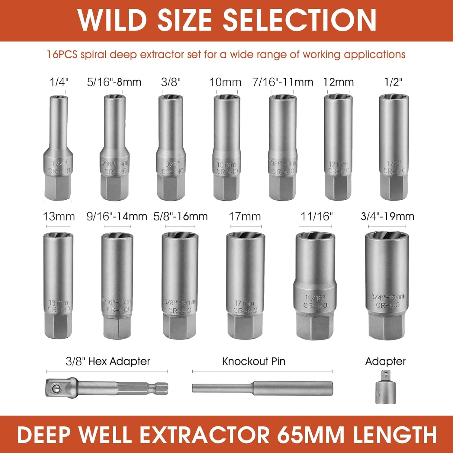 16pcs 3/8″ Deep Well Bolt Extractor Set Spark Plug Removal Extraction Socket