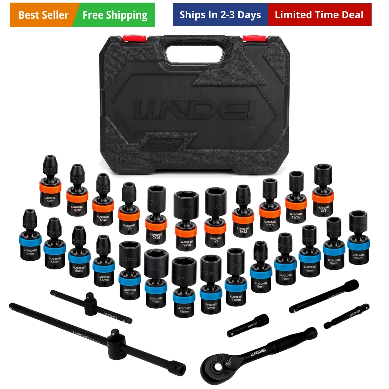 1/4-Inch Drive Swivel Socket Set, 32 Pieces Standard SAE5/32 to 9/16″ Metric …