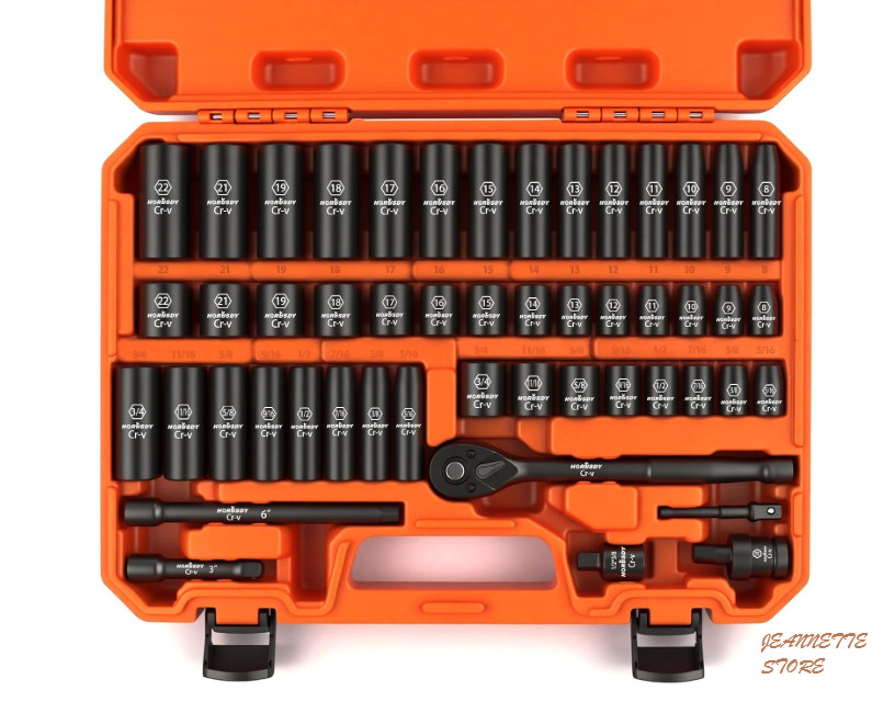 HORUSDY 3/8″ Drive Impact Socket Set, 50-Piece SAE/Metric 6-Point with Ratchet