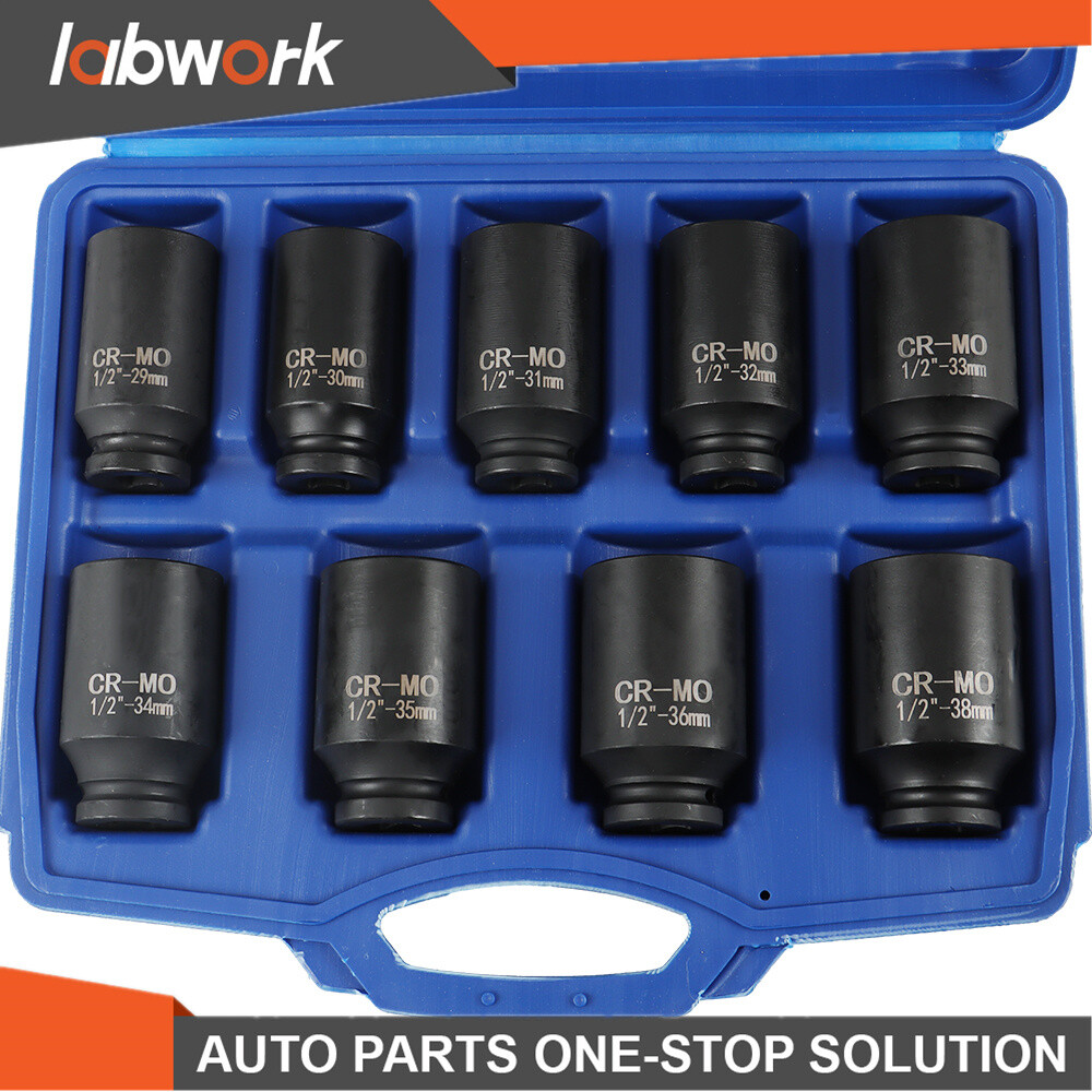 Labwork 9 Pcs Deep Impact Socket Set Drive Metric Axle Hub Nut Socket 29-38mm