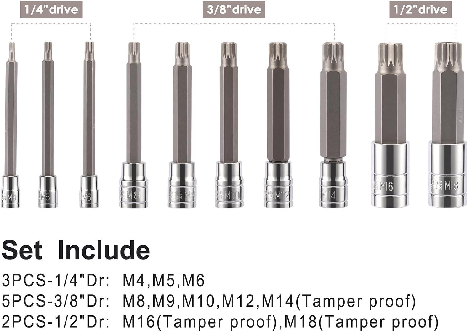 10PC XZN Triple Square 12 Point Spline Bit Socket Set Tamper Proof Extra Long MM