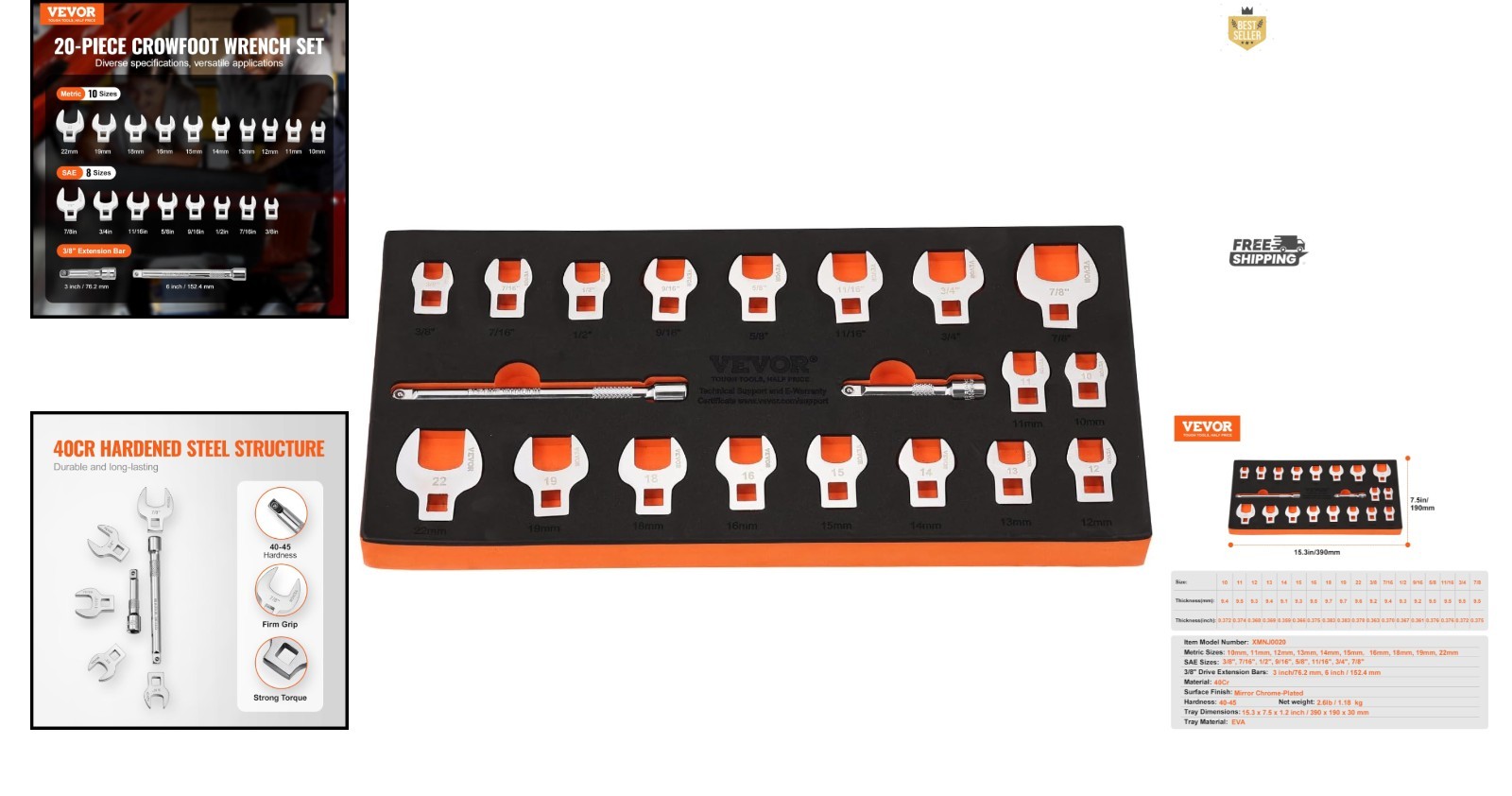 20-Piece Crowfoot Wrench Set – High-Strength 40Cr Steel with Organizer