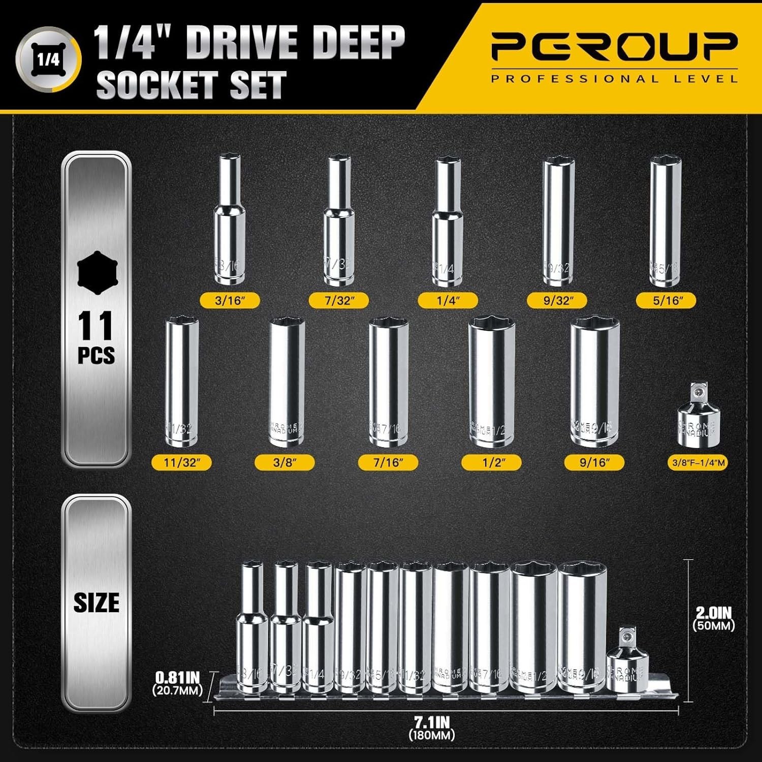 1/4” Drive SAE Socket Set, 11PCS Deep Hex Socket Set 3/16”-9/16”, Cover Most …