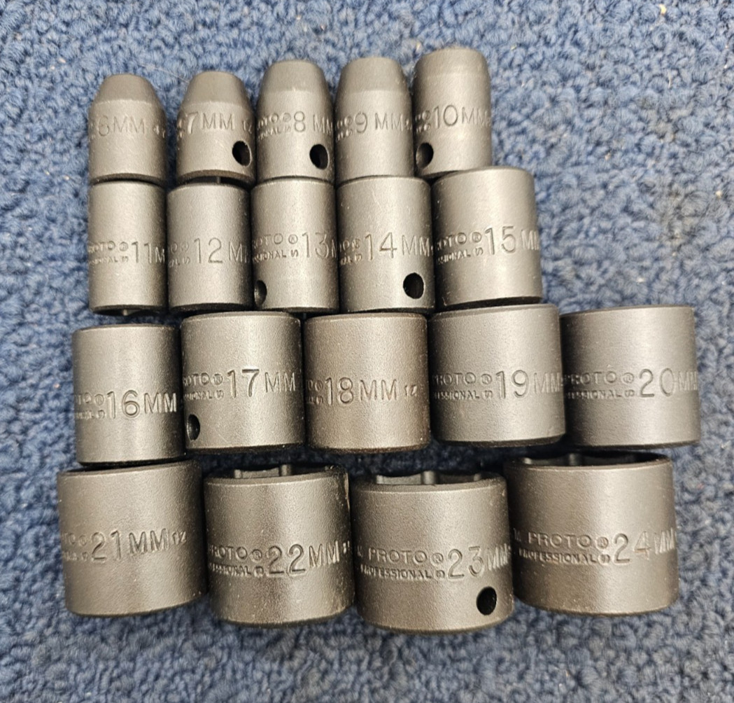 (QTY 19) Proto 6mm-24mm Standard Impact Socket 6 Point Black Oxide