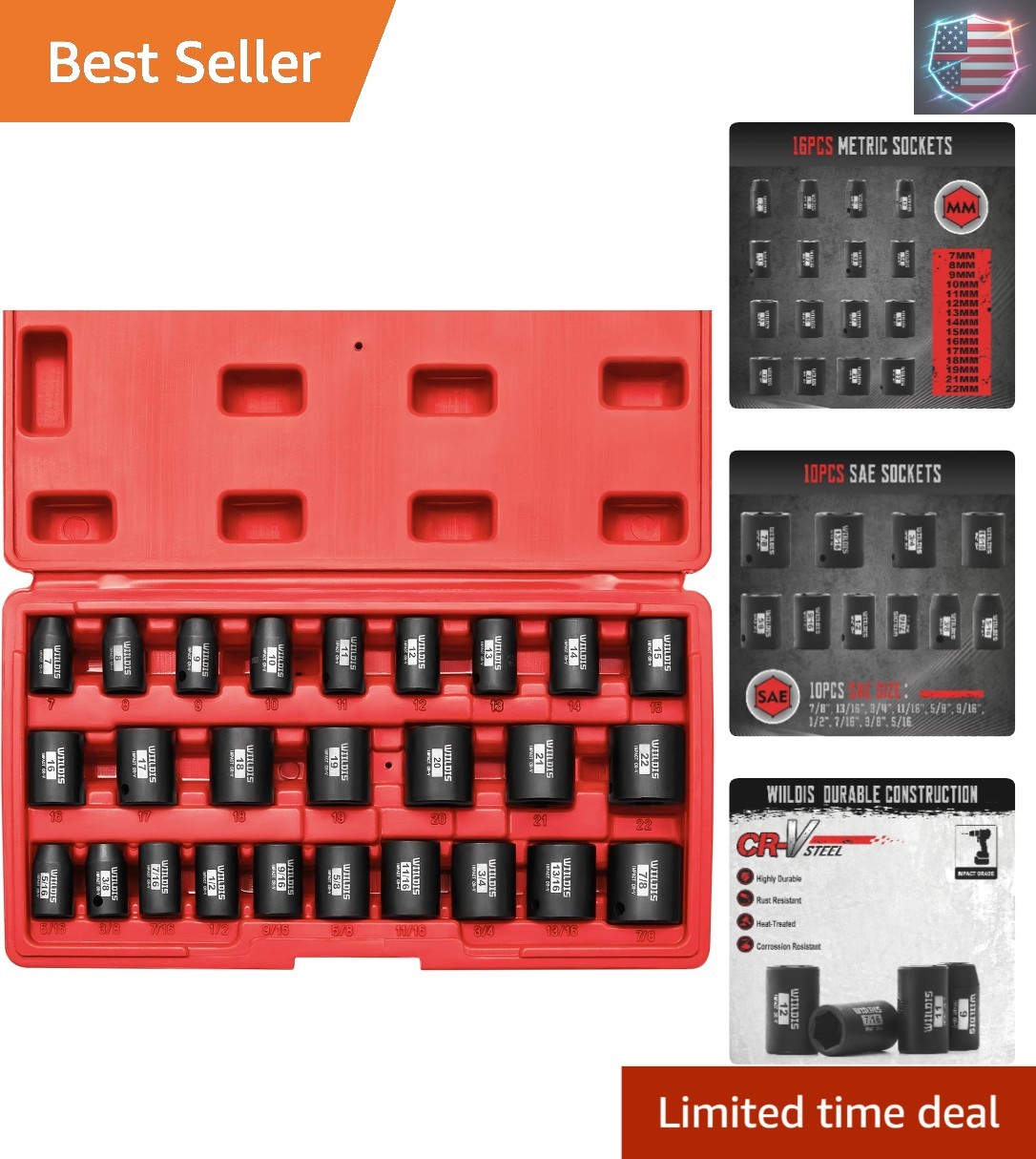 26 PCS 3/8″ Drive SAE and Metric Impact Socket Set, SAE 5/16” to 7/8″, Metric…