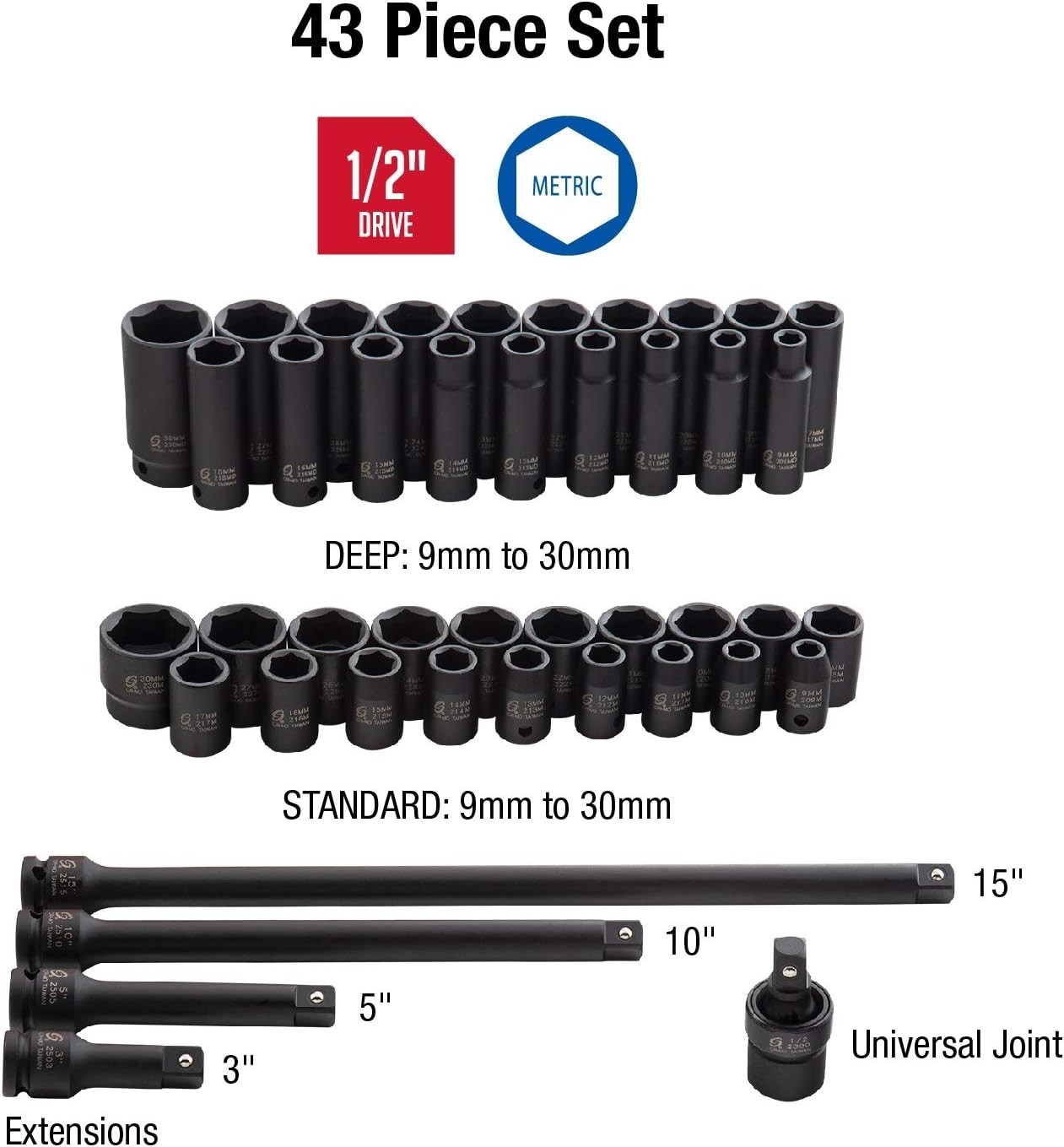Heavy Duty Sunex 2569 Socket Set, 9mm-30mm-
