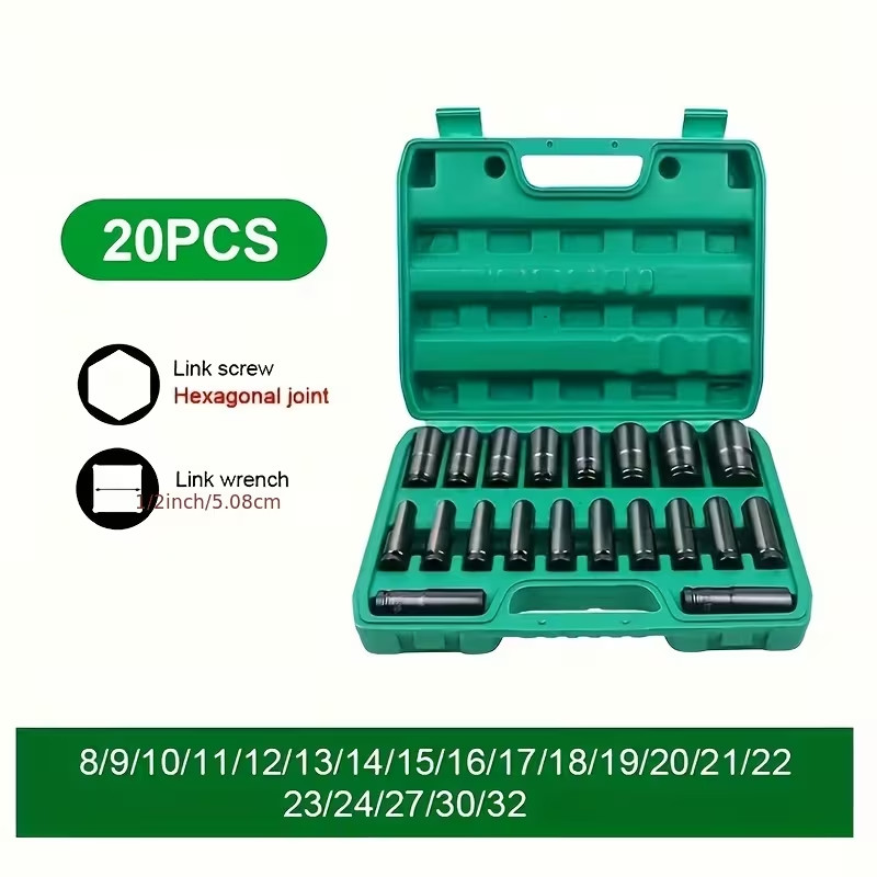 20pcs 1/ 2 «drive Metric Deep Impact Sleeve Set, Cr-V Metric Sleeve Set 8mm-32mm