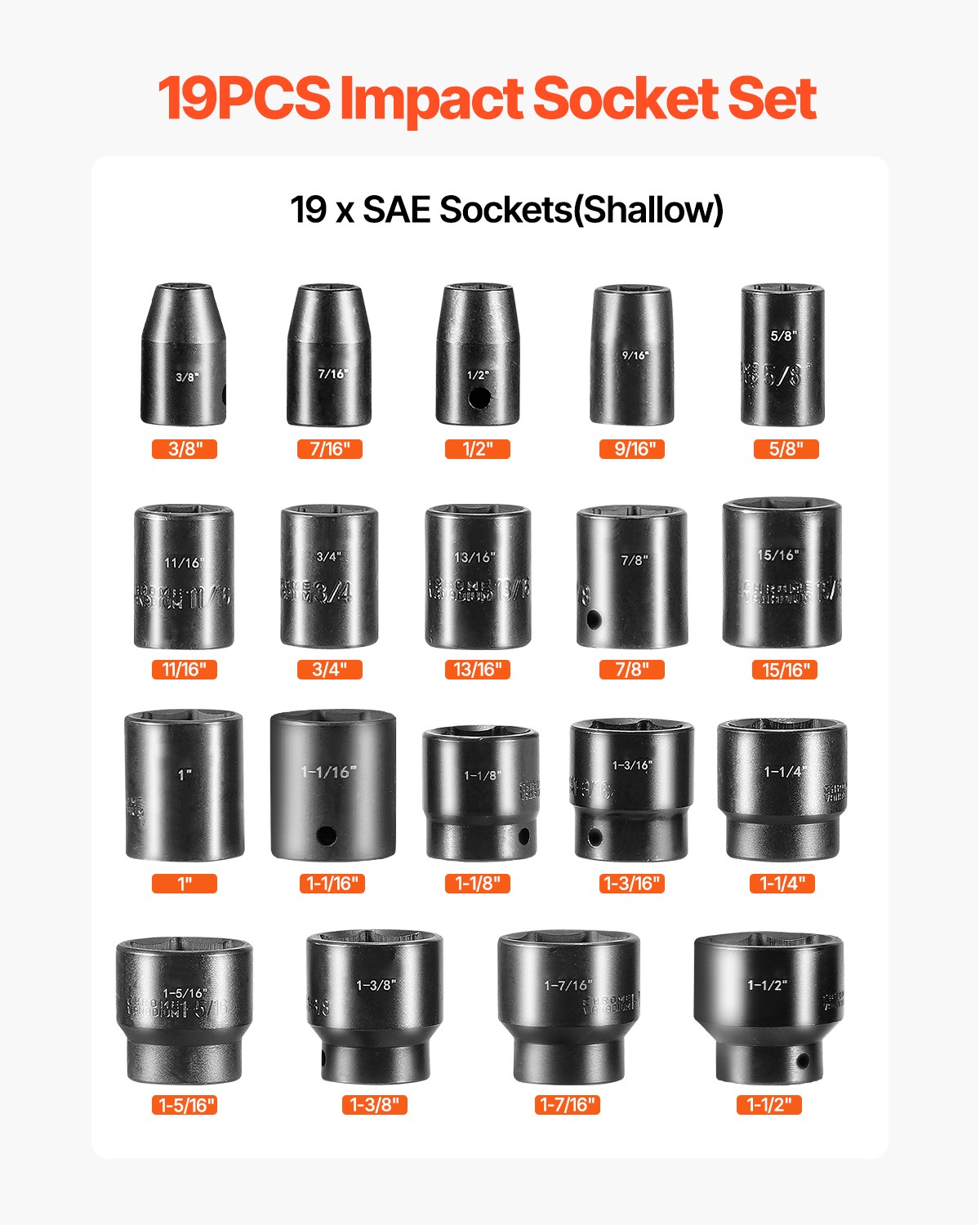 Uimoso 19-Piece SAE 6-Point Impact Socket Set with 1/2-In Drive and ExtensionBar