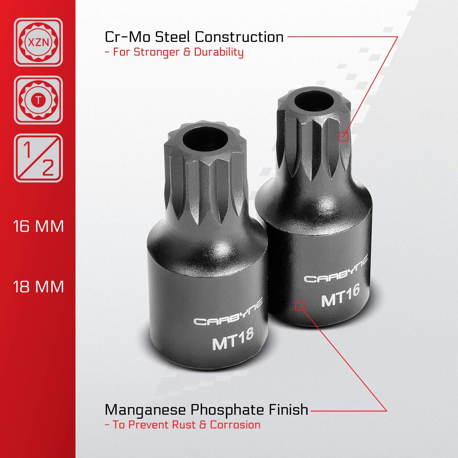 CARBYNE 9 Piece XZN Triple Square Bit Impact Socket Set, 4mm to 18mm