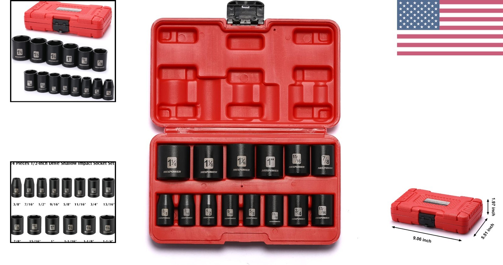 14 Pieces 1/2-Inch Drive Shallow Impact Socket Set, 3/8-Inch to 1-1/4 Inch, C…
