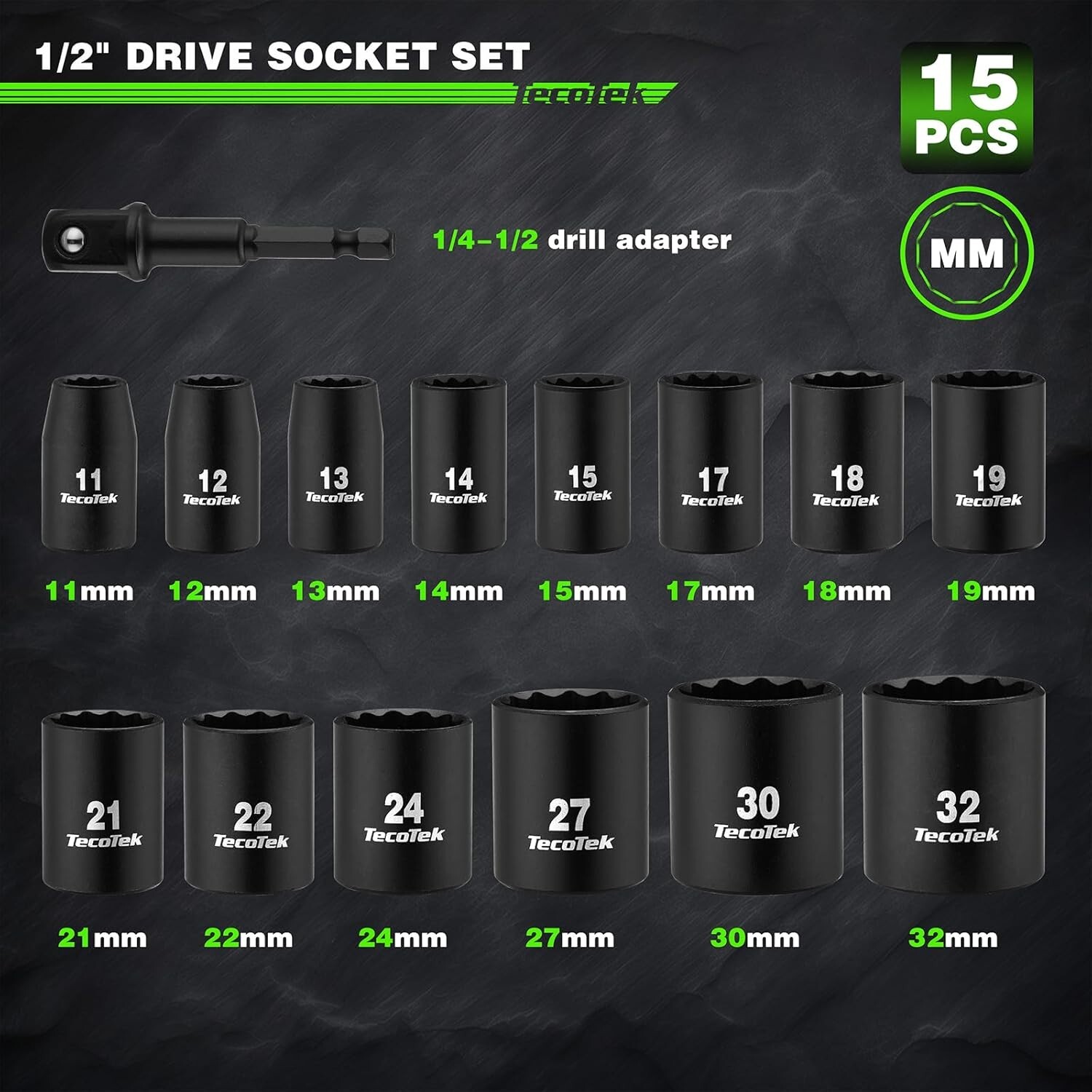 15 Pieces 1 2 Inch Drive Shallow 12 Point Metric Impact Socket Set
