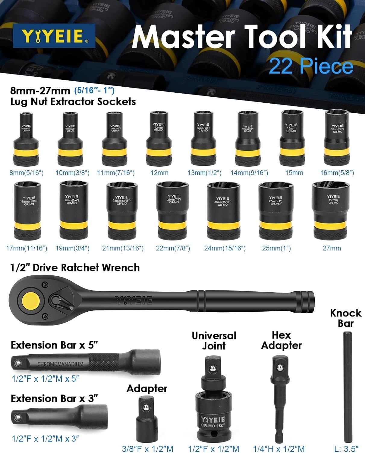 22-Piece Bolt Nut Extractor Socket Set, 1/2″ Drive Wheel Lock Removal Kit wit…