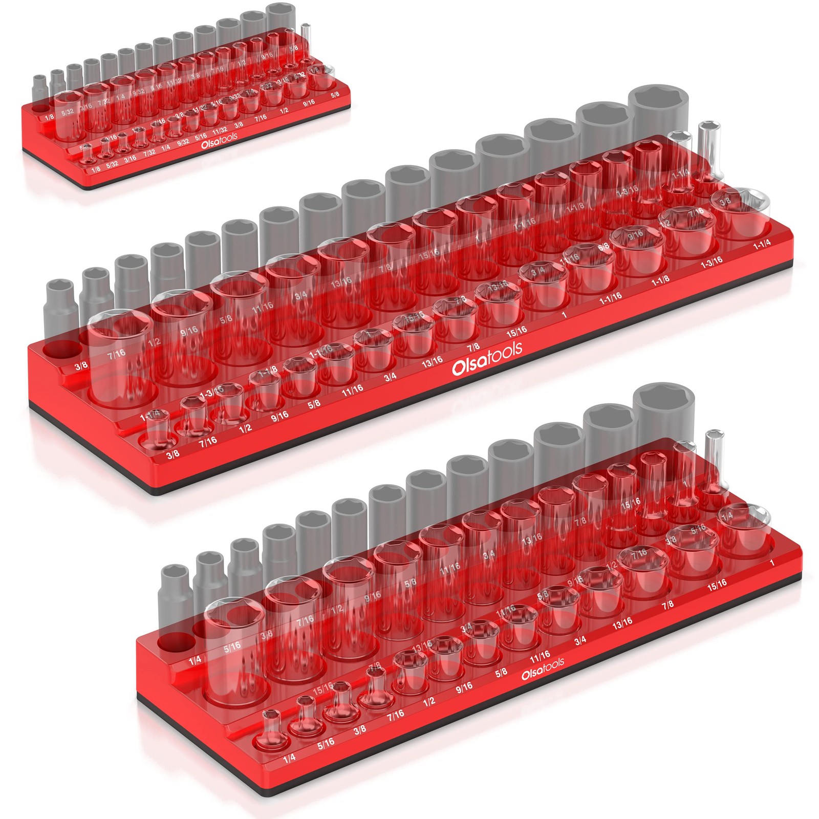 Magnetic Socket Organizer 1/4 3/8 1/2 SAE 123 Sockets Red 1560 Olsa Tools Drive