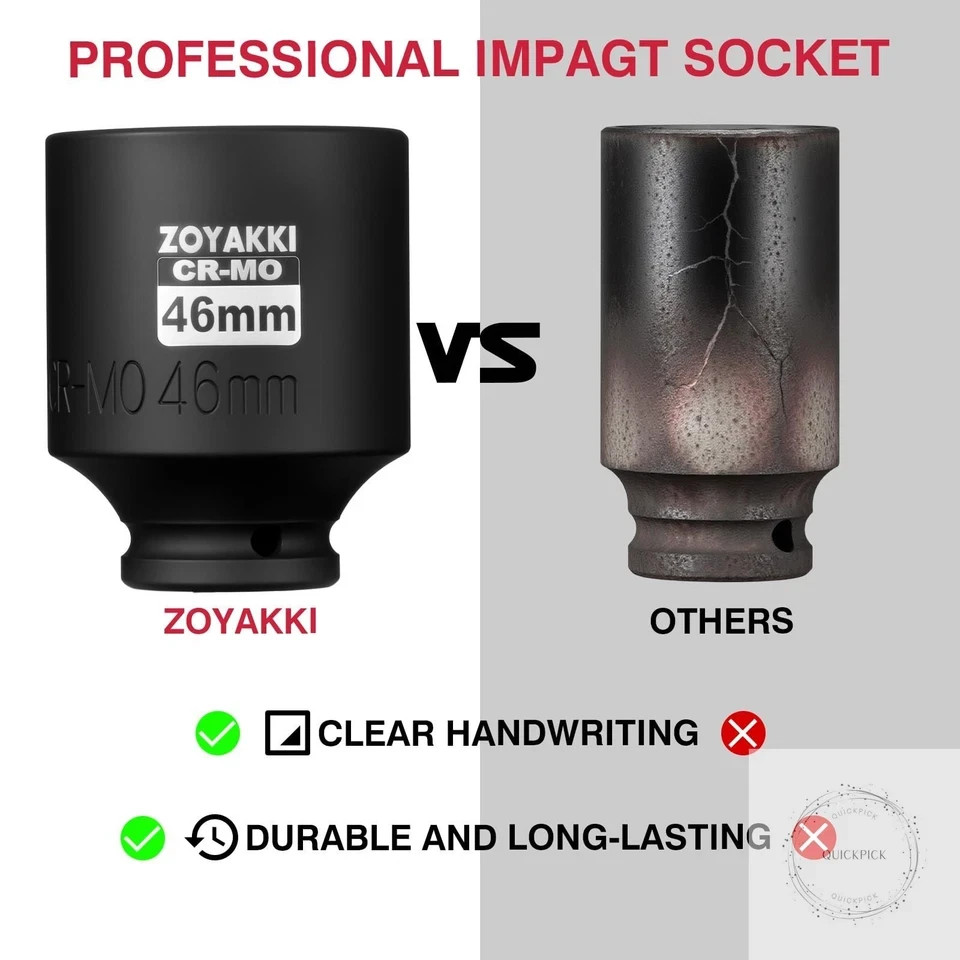 1/2″ Drive x 46 mm Deep 6 PT Impact Socket, CR-MO, 1/2-inch Drive 6 Point Axle