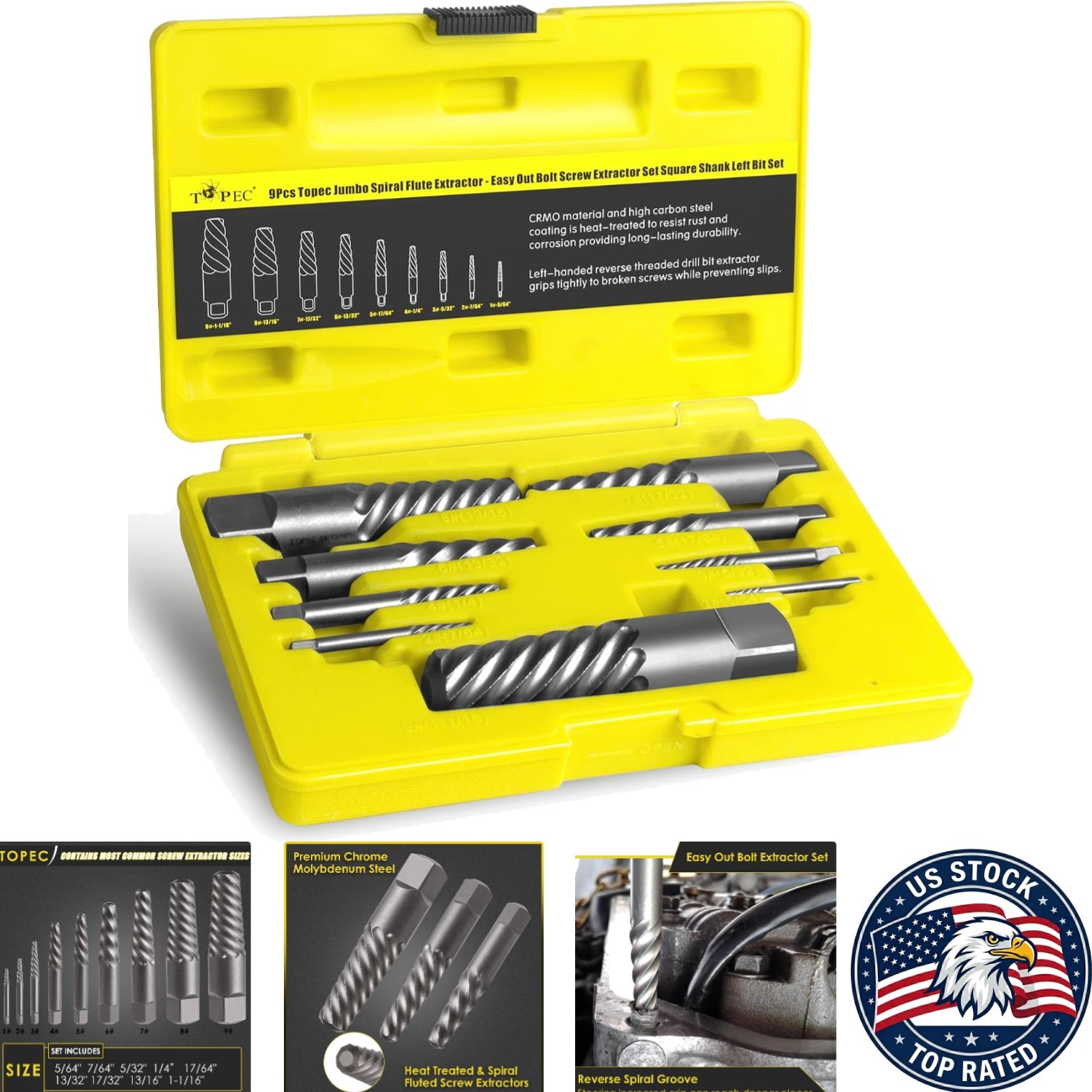 Efficient 9-Piece Reverse Drill Extractor Set – Removes Broken Screws Easily