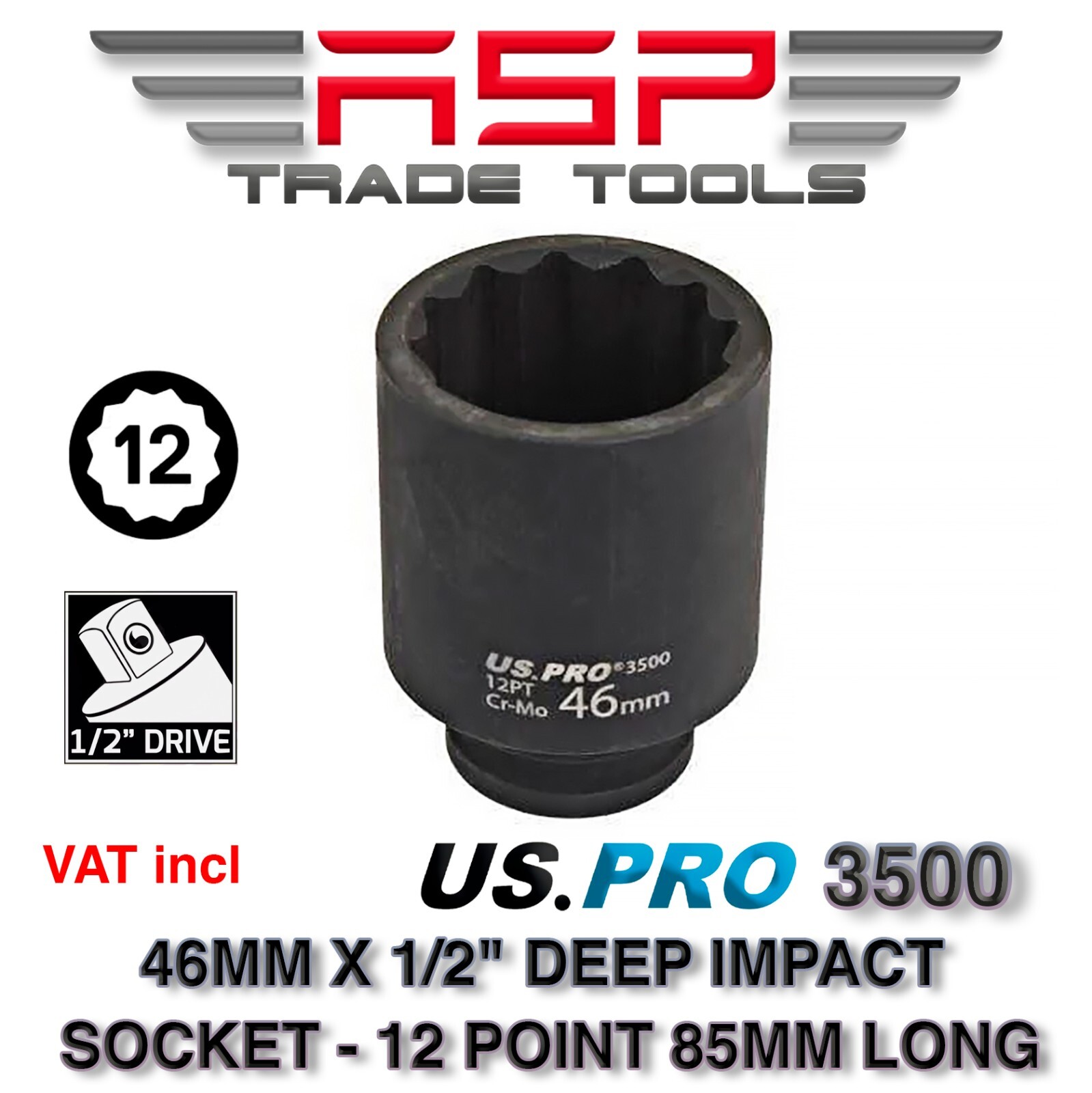 46MM HUB SOCKET DEEP IMPACT SOCKET 1/2 dr 12pt 85 MM 12 POINT AXLE NUT US PRO