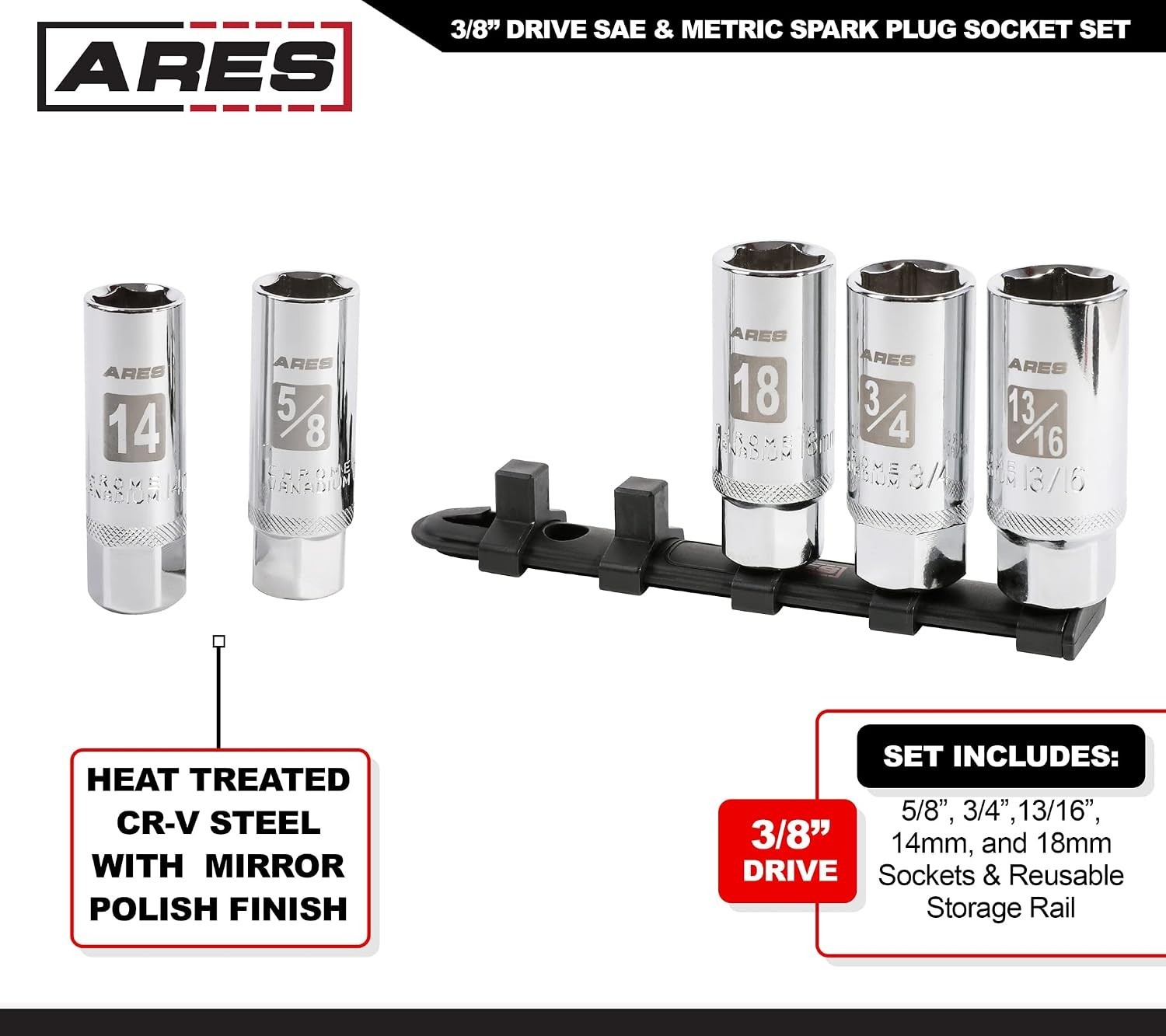 5-Piece 3/8-Inch Drive High Visibility SAE & Metric Spark Plug Sockets with Rail