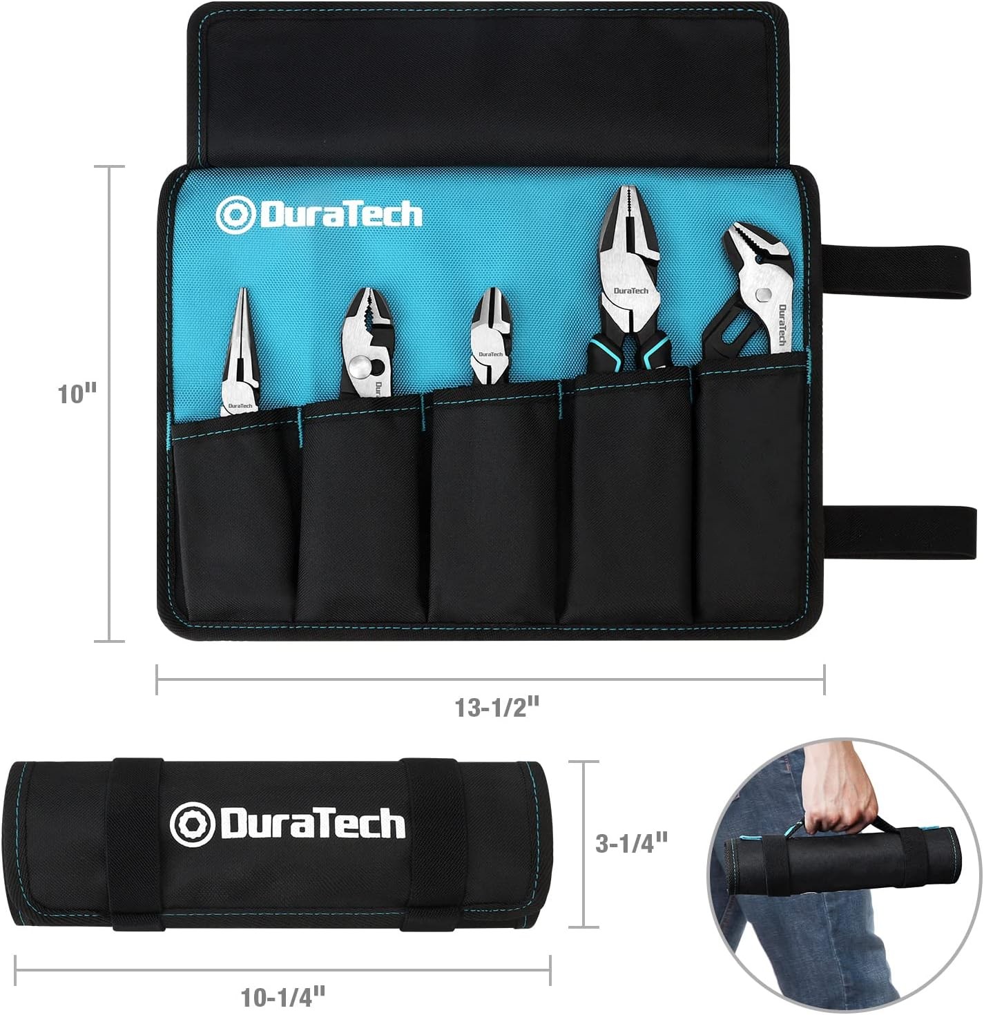 DURATECH 5-Piece Cr-Ni Pliers Set, 6″ Long Nose, Slip Silver, Blue, Black