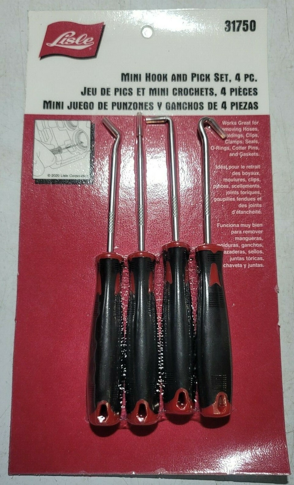 Lisle 4pc Dual Material Soft Grip Handle Mini Hook & Pick Set #31750