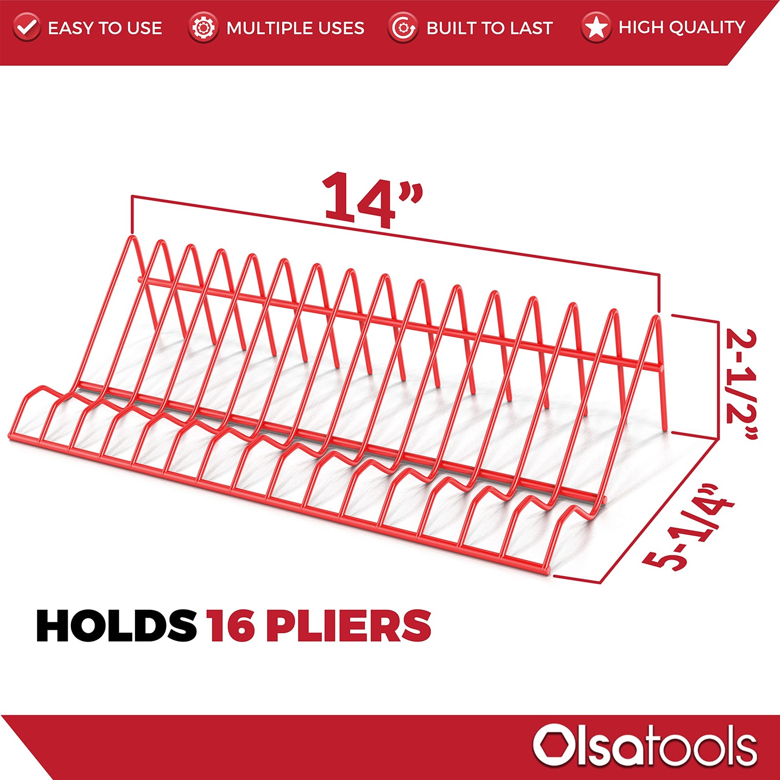 Olsa Tools Plier Rack – Red Organizer for Tool Box Drawer 16 Slots,