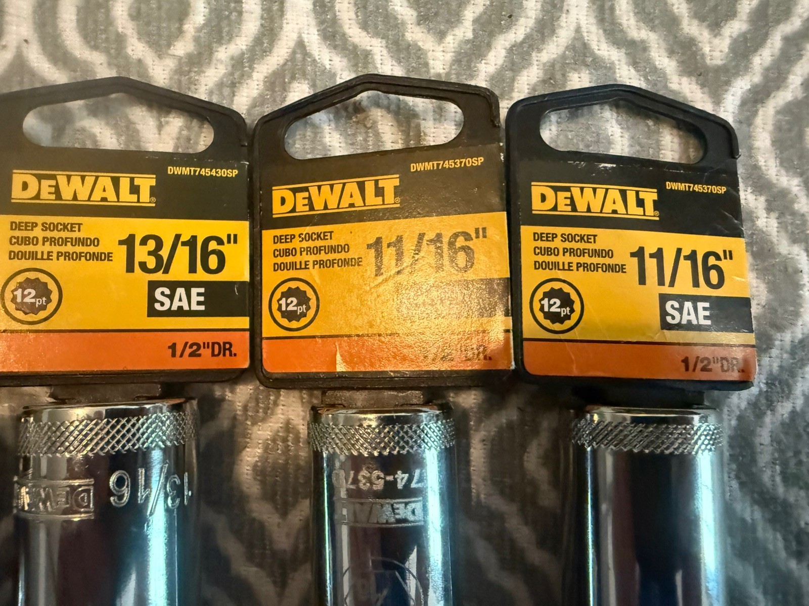 Dewalt 1/2” drive 12 point Sockets – 6 total 15/16 7/8 13/16 11/16 Deep *New*