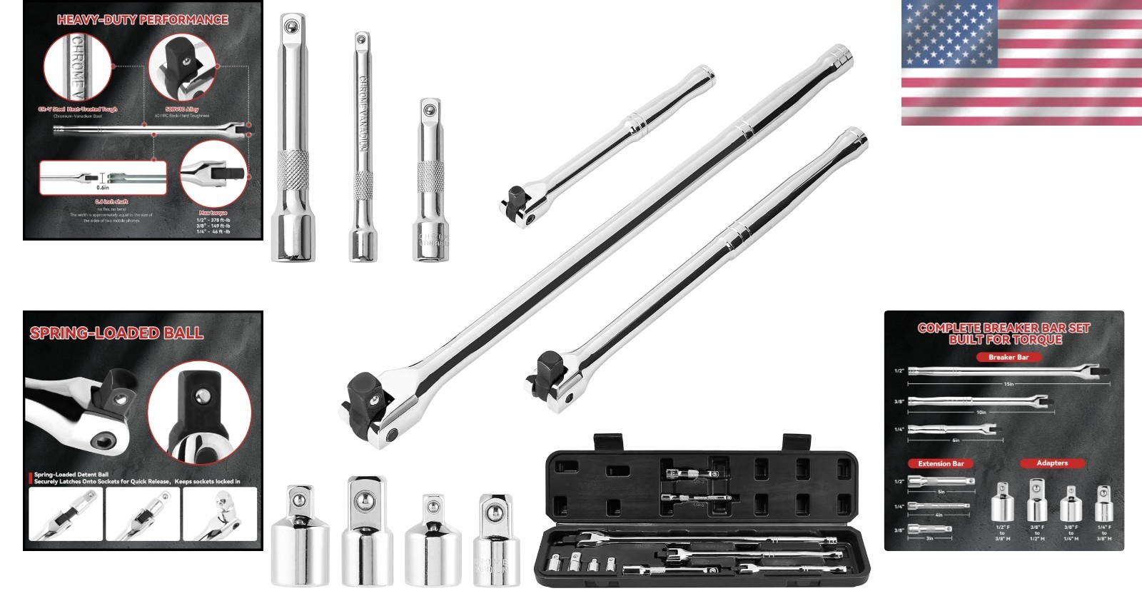 Breaker Bar Set 10 Pieces 3/8 In 1/2 In 1/4 In Drive Rotatable Head