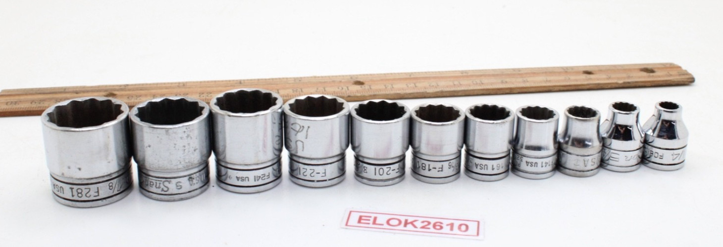 Snap-on F081 – F281 1/4-7/8″ 3/8″ Drive 12 Point 11 Piece SAE Chrome Set USA