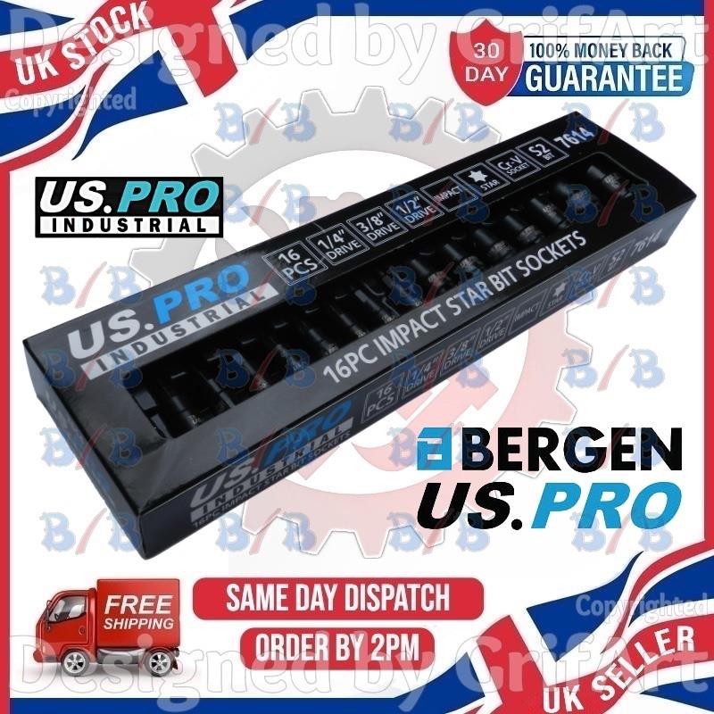 US PRO INDUSTRIAL 16PC 1/4″ 3/8″ 1/2″ DRIVE IMPACT TORX SOCKET BIT SET T6 TO T70