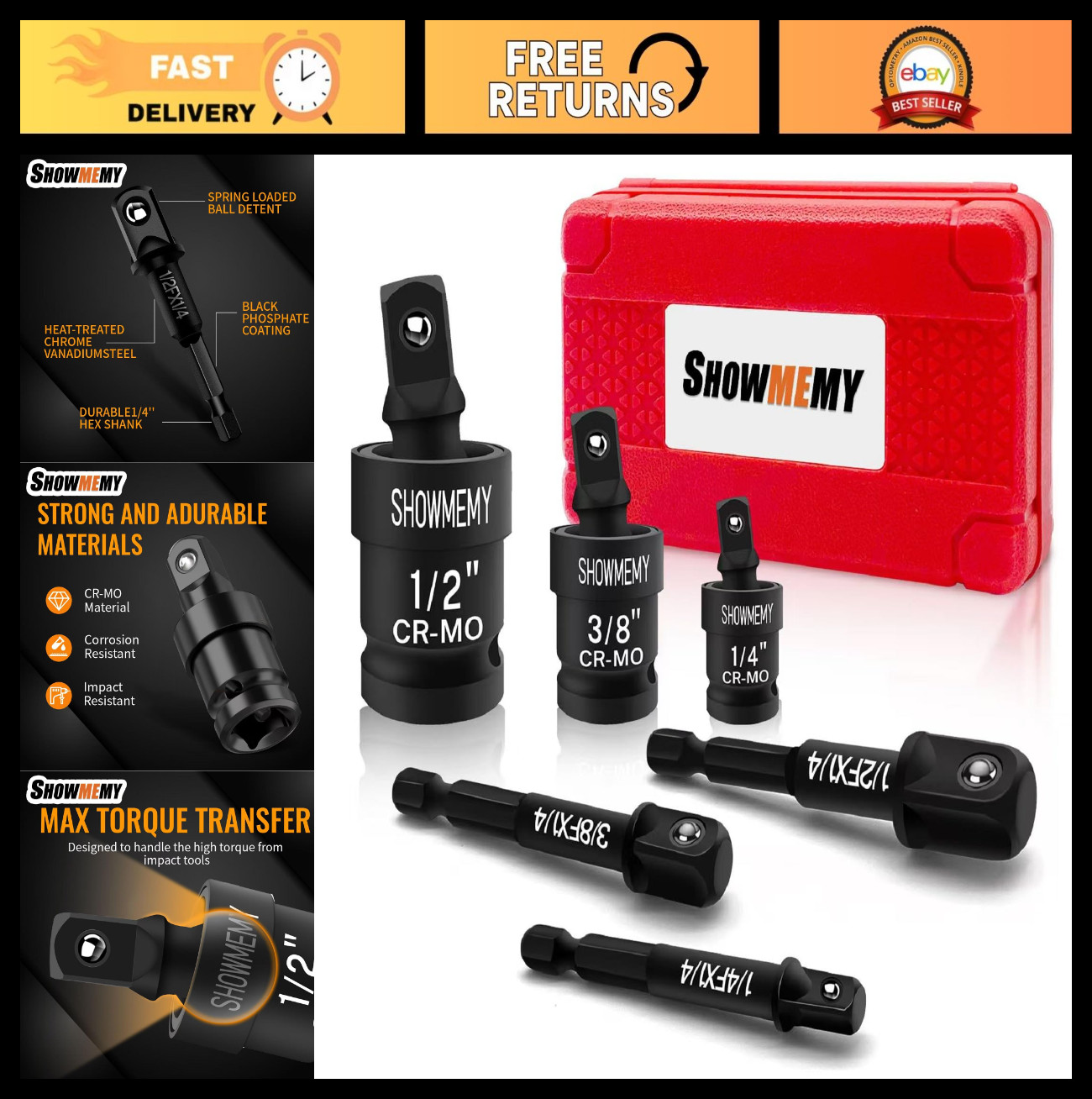 3-Pc Impact Swivel Socket Set with Adapters, Wobble Socket, Cr-Mo Steel, 1/4″-1/