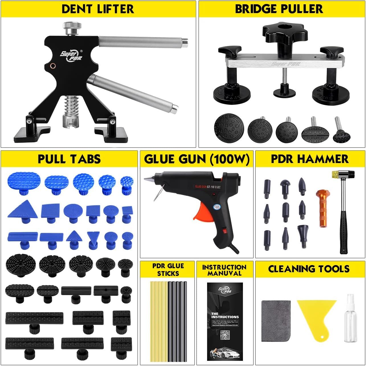 118PC Car Paintless Dent Puller Lifter Tool Kit Body Repair Hail Removal Tab PDR