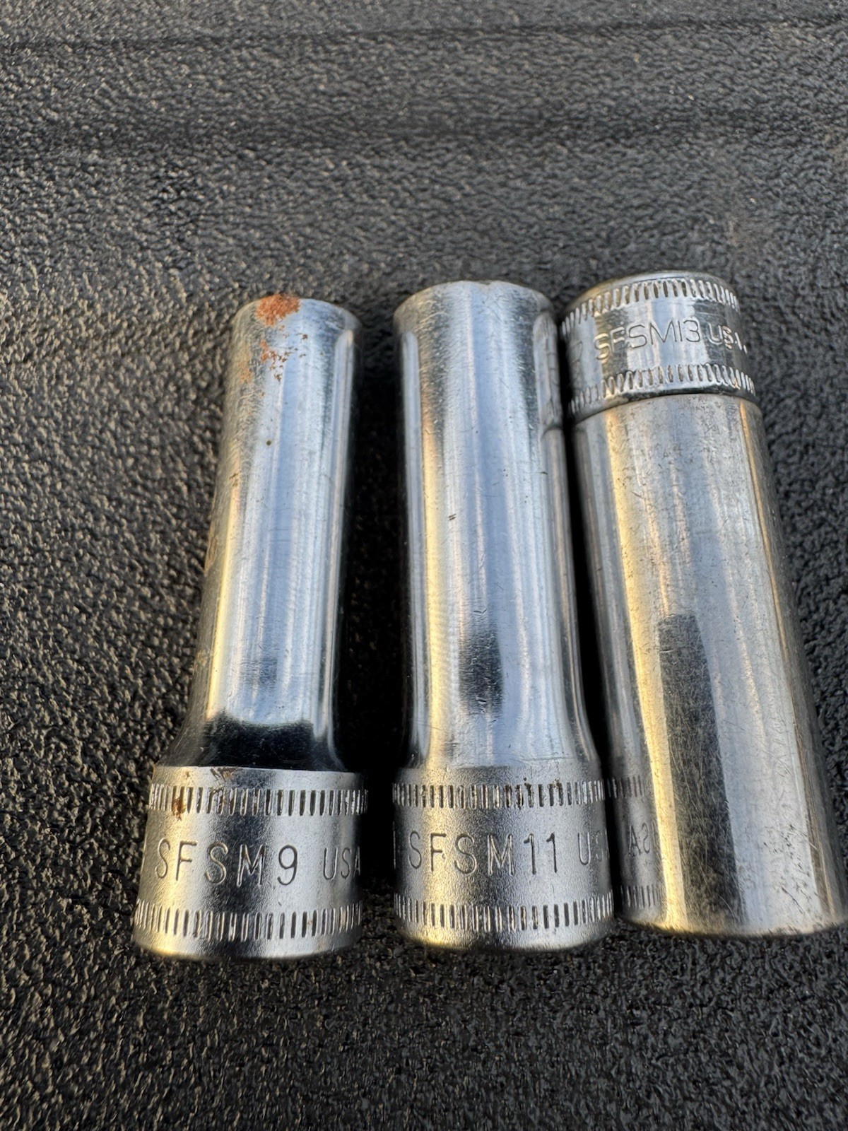 Lot Of 3 Snap-on Tools USA Vintage 3/8″ Drive Metric 6 Point Sockets 9mm 11mm 13