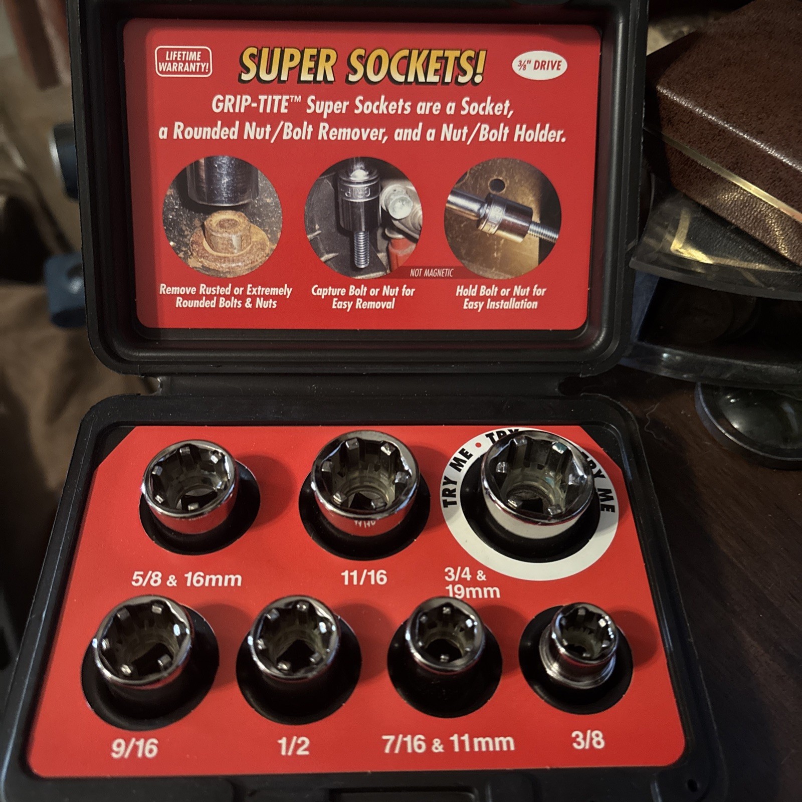 Grip-Tite 7 Piece Super Socket Nut Bolt Set 3/8″ Drive SAE Metric in Case