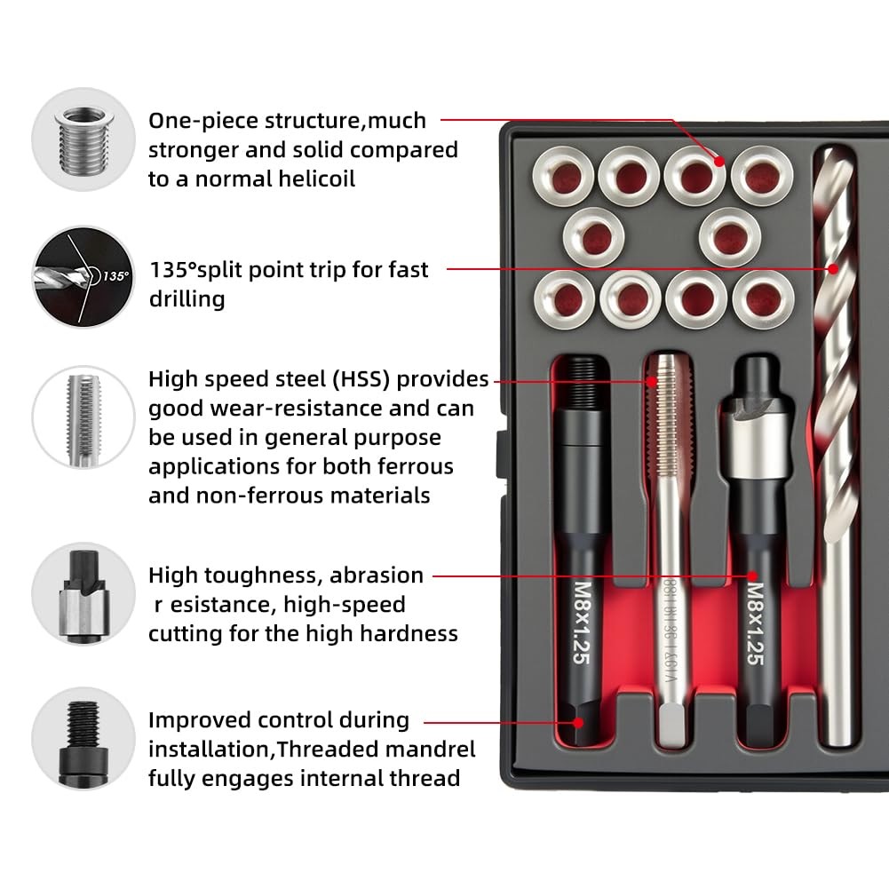 SENNMONN M8x1.25 Thread Repair Kit with 11.7mm Insert HSS Drill, Tap, Silver
