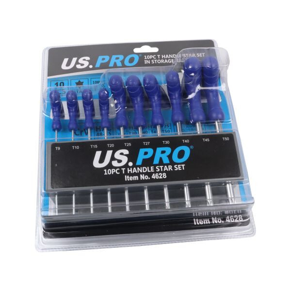 US PRO 10pc T-Handle Torx Key Set | Long Star Wrenches T9–T50 + Storage Rack