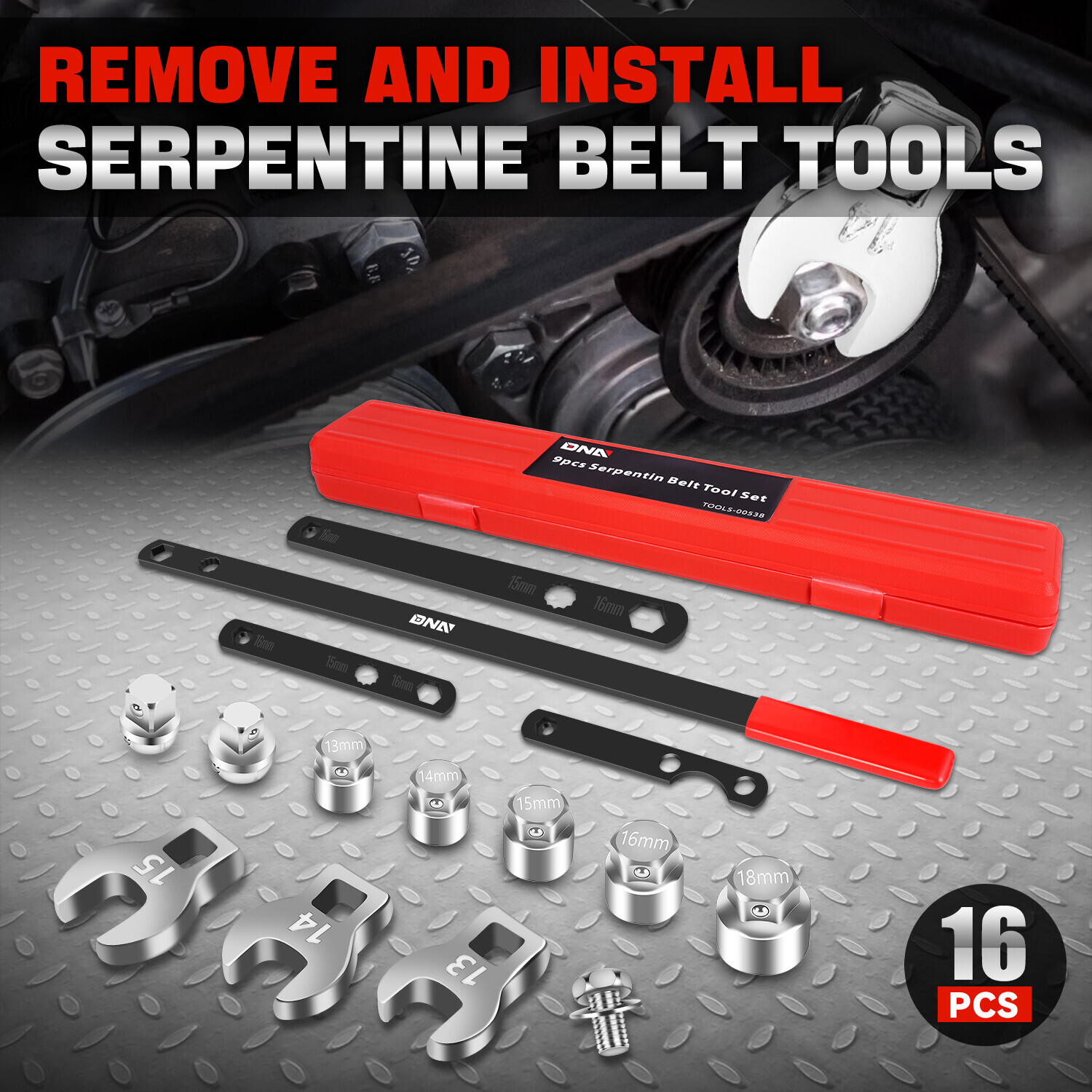 [16Pcs] 3/8″ Pulley Wrench Installation Removal Serpentine Belt Tool Set w/ Case