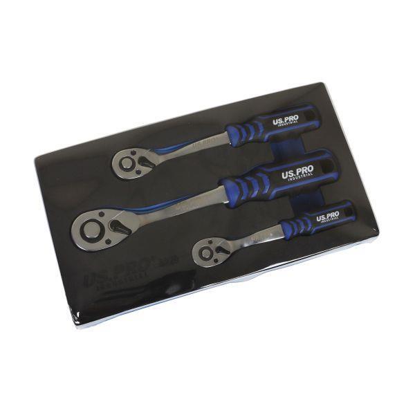 US PRO INDUSTRIAL 3pc 90t Ratchet Set 1/4 3/8 1/2 Drives Curved Handle With Grip