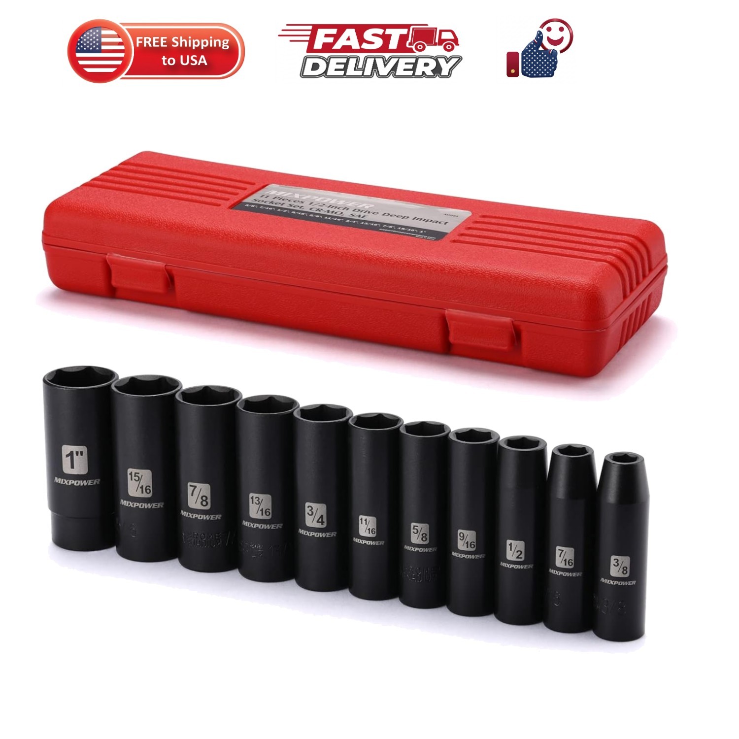 11 Pieces 1/2-Inch Drive Deep Impact Socket Set, 3/8-Inch to 1-Inch, CR-V, SA…