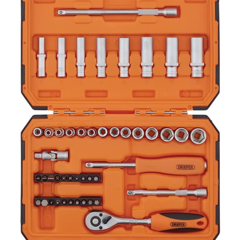 1/4″ Drive Socket & Bit Set 47pc Draper HI-TORQ® Chrome Vanadium 6 Point Sockets