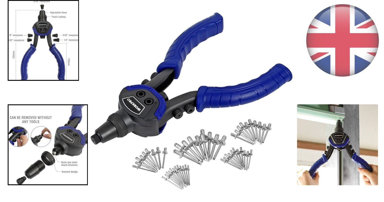 Durable 250 mm Rivet Gun Set with Multiple Nozzles & Labor-Saving Design