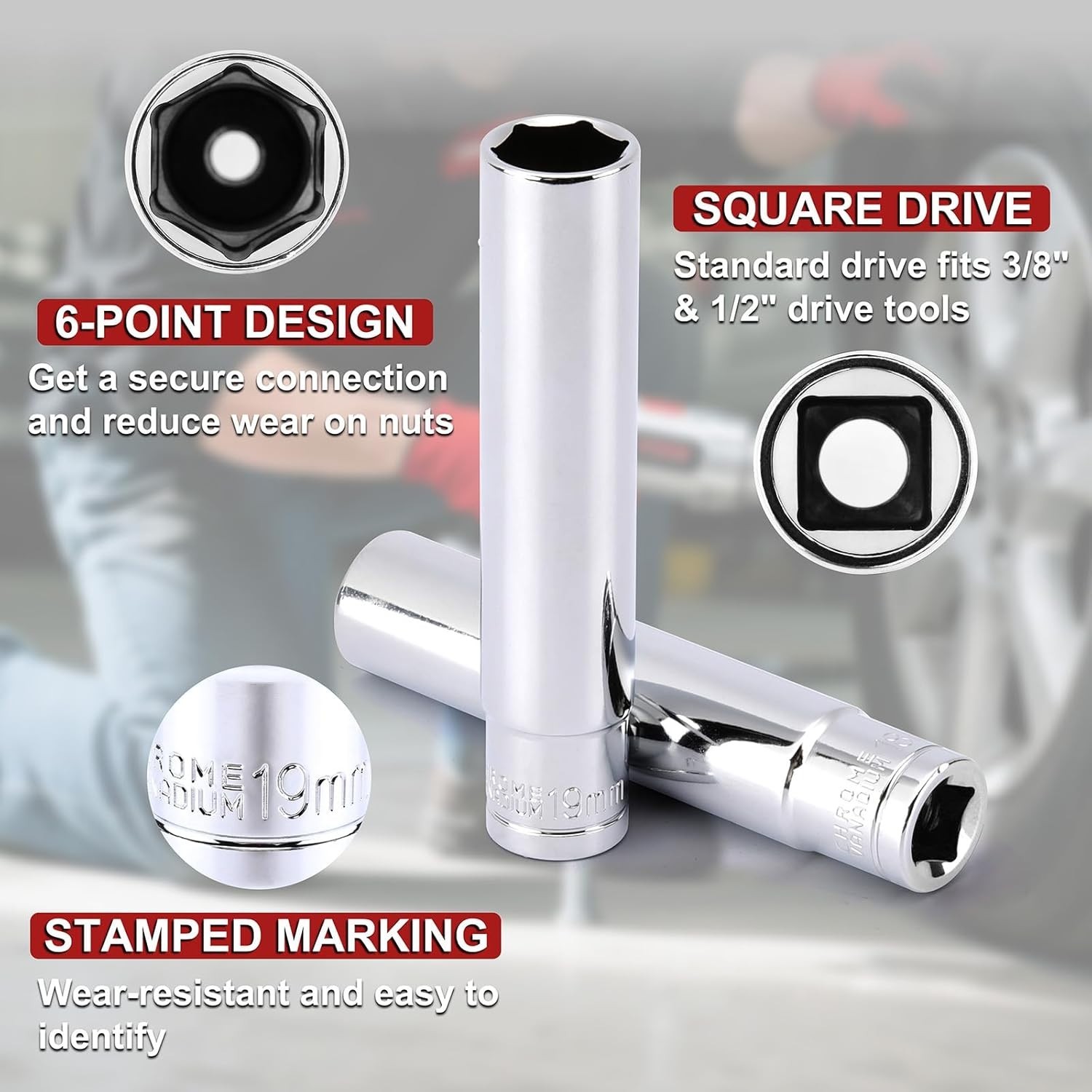 12-Piece Deep Socket Set 3/8 & 1/2 Inch Drive Chrome Vanadium with Case