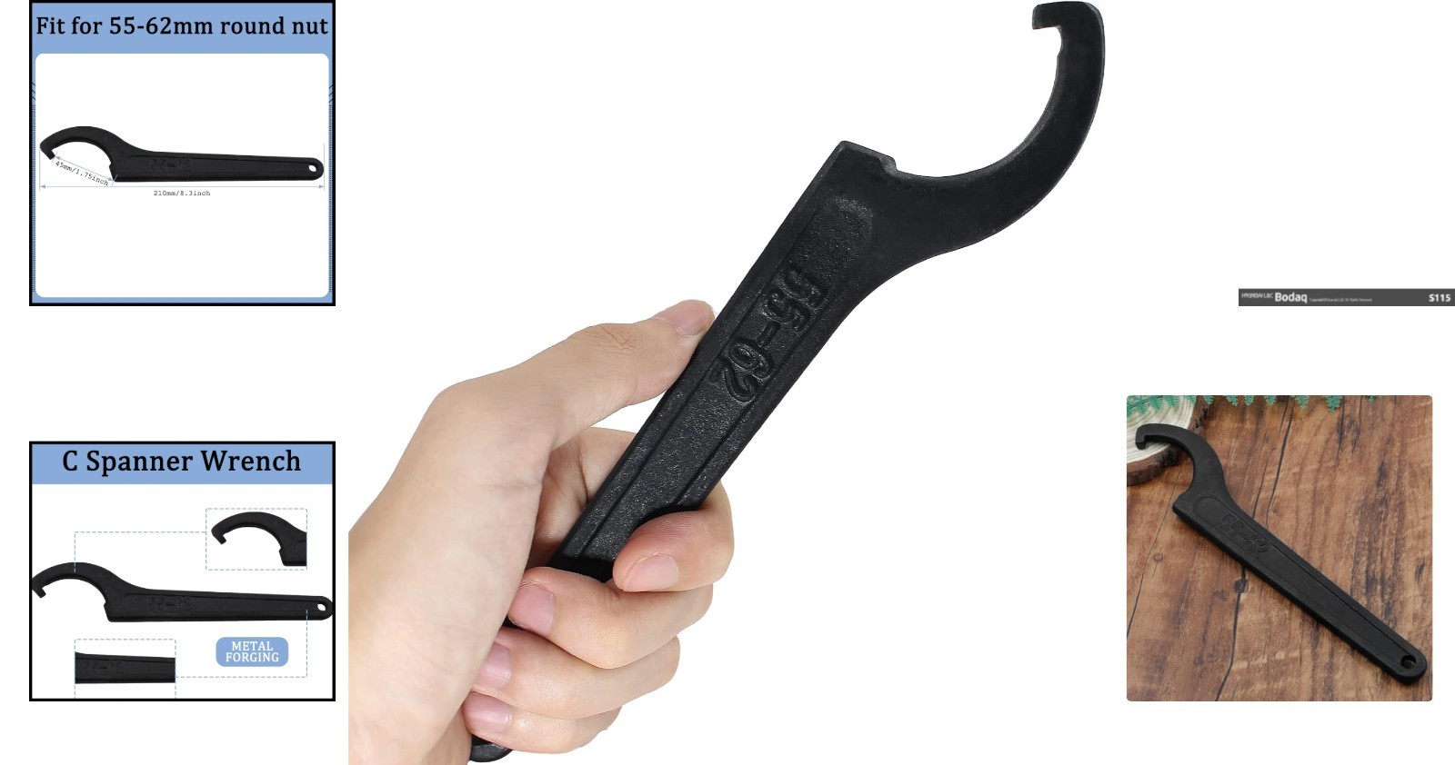 Durable C Hook Spanner Wrench, Carbon Steel for 55-62mm Round Nuts, 8.3 Inches