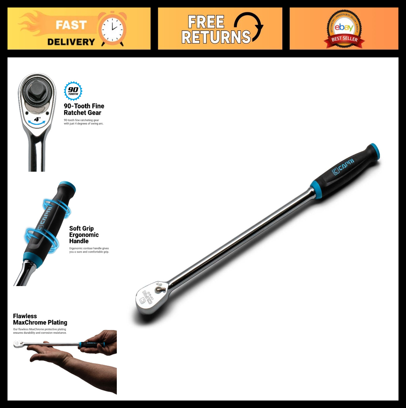 Extra Long 1/4″ Drive 90-Tooth Ratchet Wrench, Ergonomic Soft Grip, 12″ Length