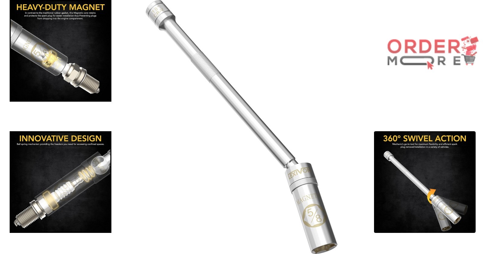 5/8″ Swivel Magnetic Spark Plug Socket 3/8″ Drive 10″ Chrome Vanadium
