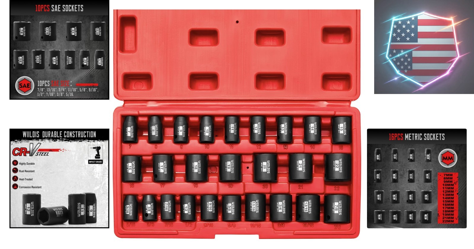 26 PCS 3/8″ Drive SAE and Metric Impact Socket Set, SAE 5/16” to 7/8″, Metric…