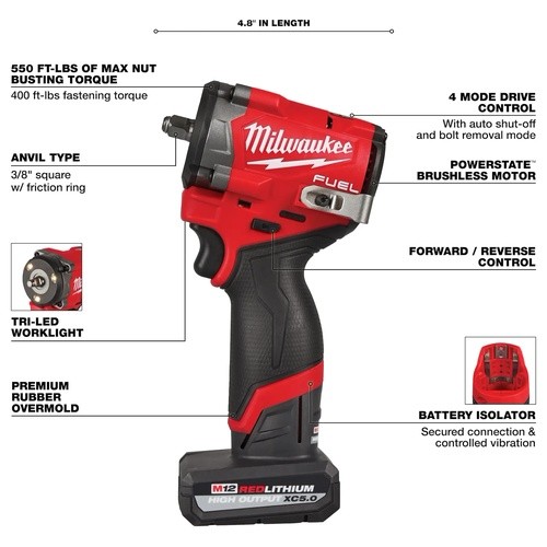 Milwaukee 2562-21 M12 FUEL Stubby 3/8″ Impact Wrench Kit, 550 Foot-Pounds