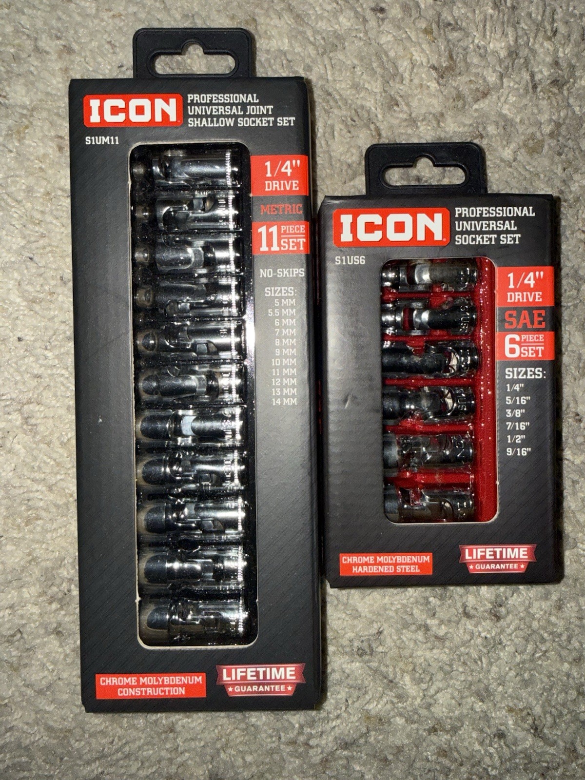 Icon 1/4” Drive Universal SAE & Metric Joint Shallow Socket Sets; S1US6 & S1UM11