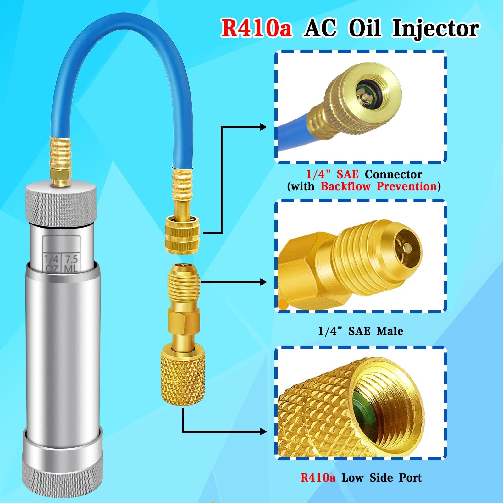 HVAC AC Oil Injector Tool for R1234YF R134A R410A – 2 OZ Dye Oil Injector with 1
