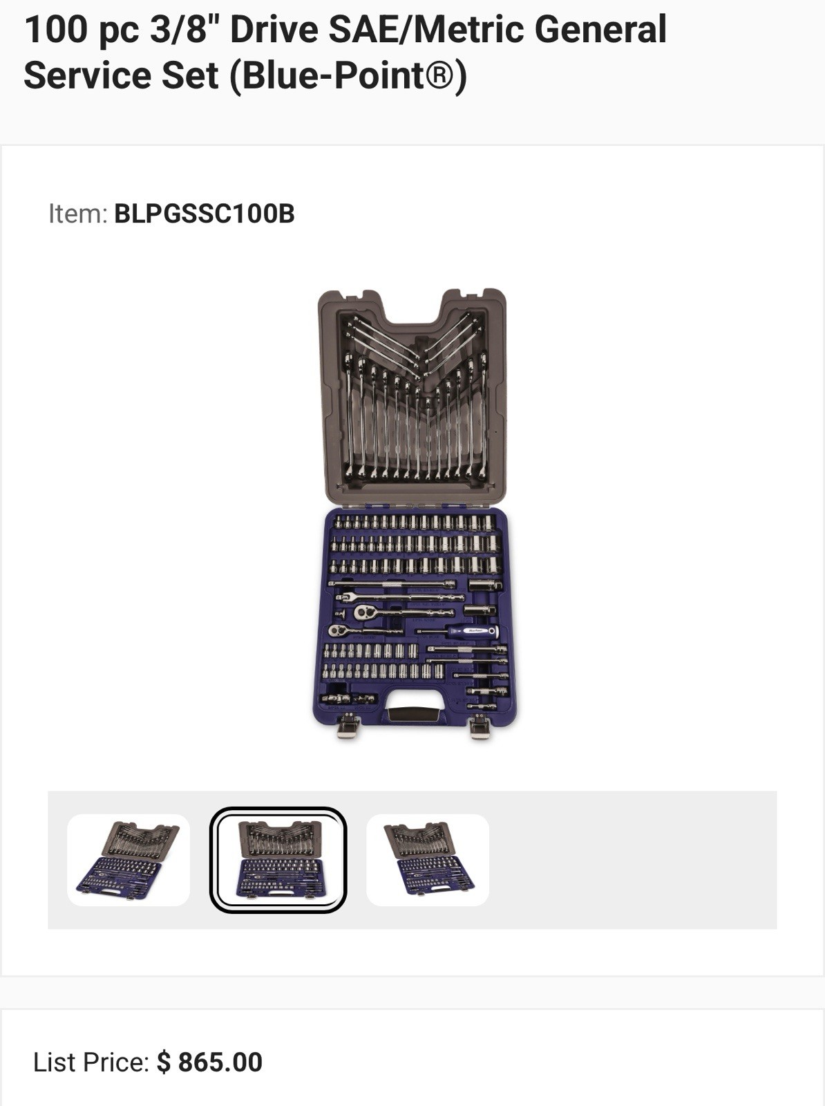 100 pc 3/8″ Drive SAE/Metric General Service Set (Blue-Point®)