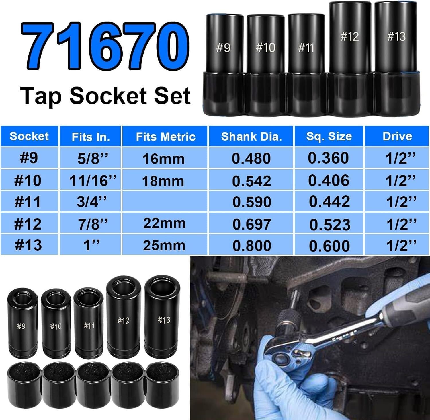 71670 Large Tap Socket Set 5 Pc 1/2″Drive 5/8″ 11/16″ 3/4″ 7/8″ 1″ SAE Metric