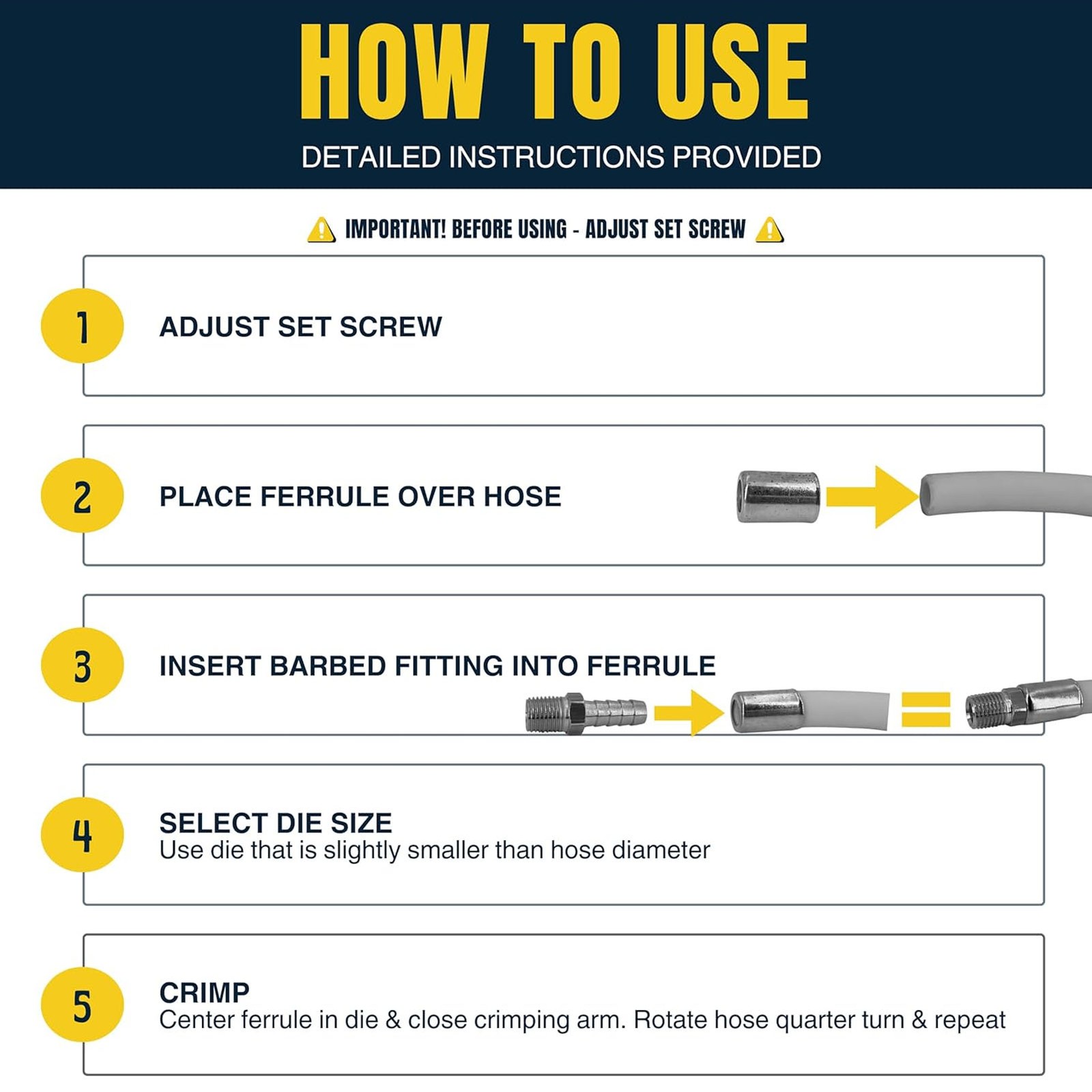 Heavy Duty Ferrule Hose Crimper Kit For 1/4in 5/16in 3/8in ID PVC Hose XPUQ